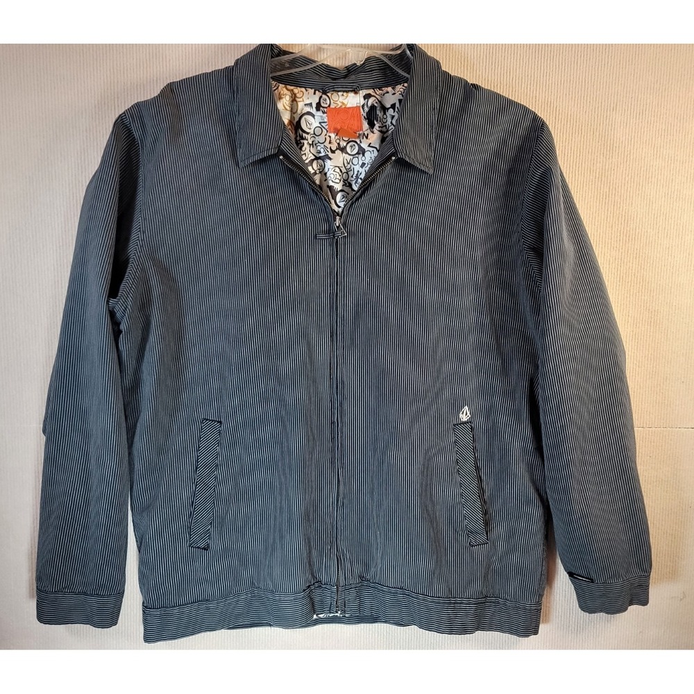 Volcom Queso Jacket Mens XXL  Blue White Pinstripe Graphic Full Zip Rain Wind